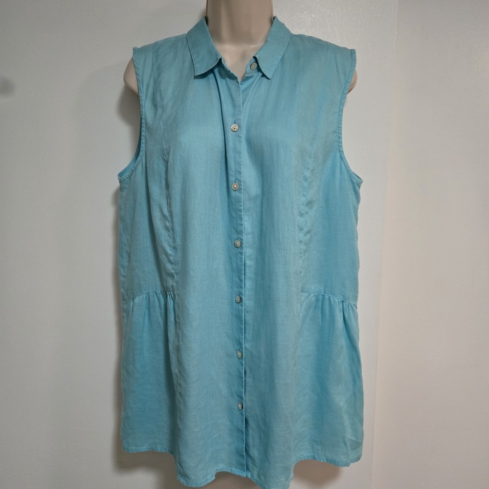 J Jill Size L Aqua Blue Love Linen Tunic Length Sleeveless Blouse Collar BOHO